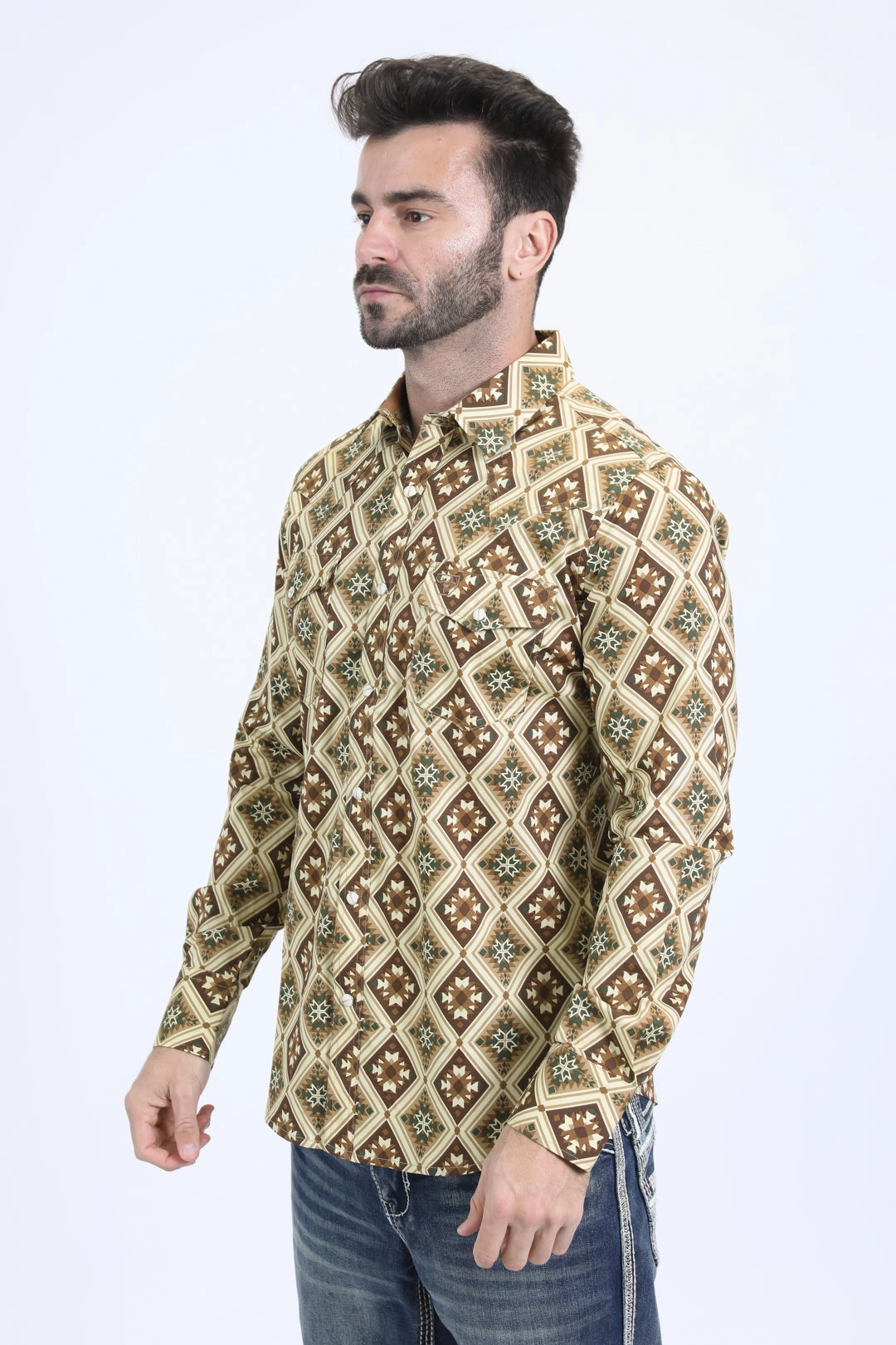 Seamless Shoulder Vibrant Colors Mens Western Modern Fit Cotton/Spandex Long Sleeve Khaki Shirt with Snaps