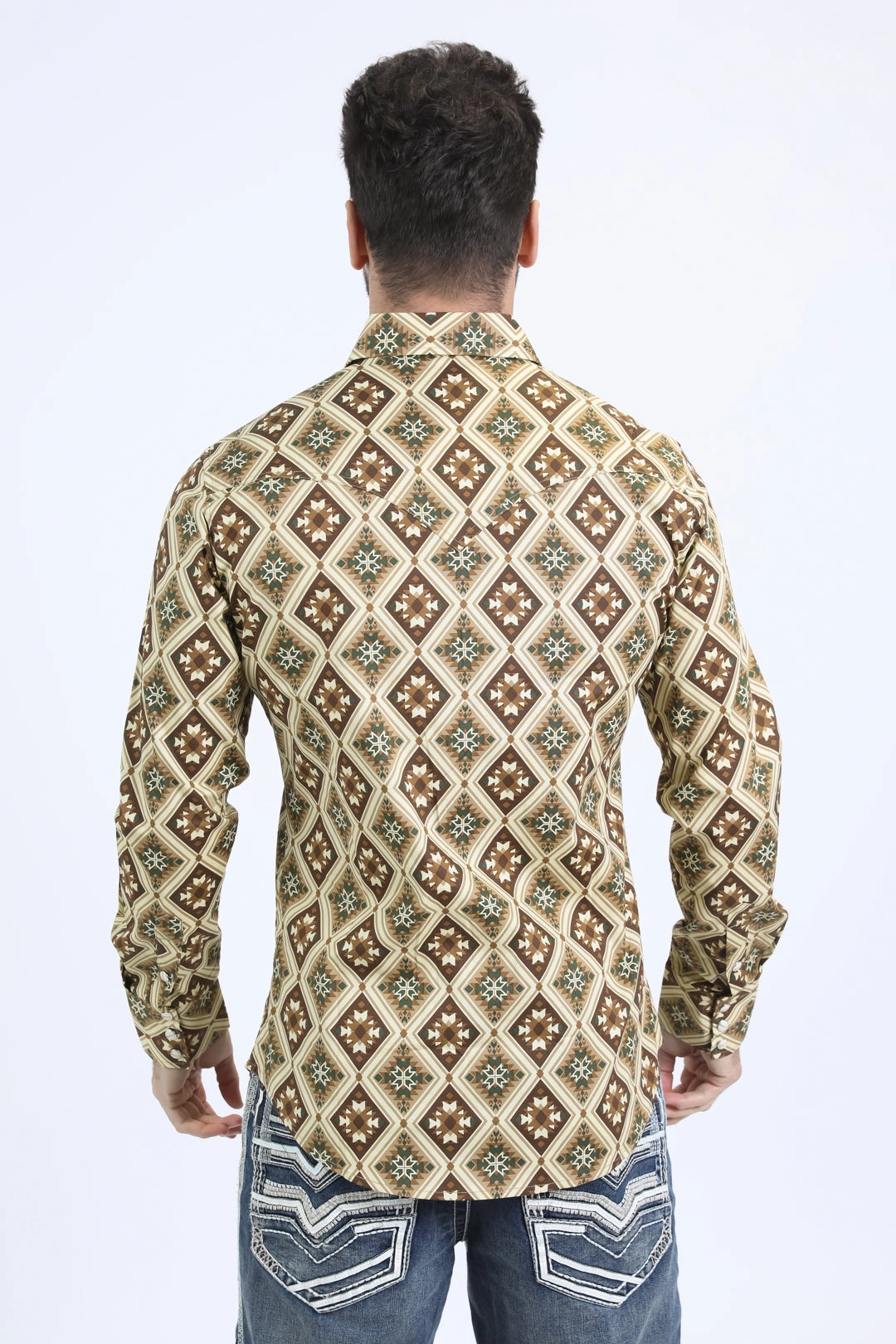 Trendy Comfort Mens Western Modern Fit Cotton/Spandex Long Sleeve Khaki Shirt with Snaps