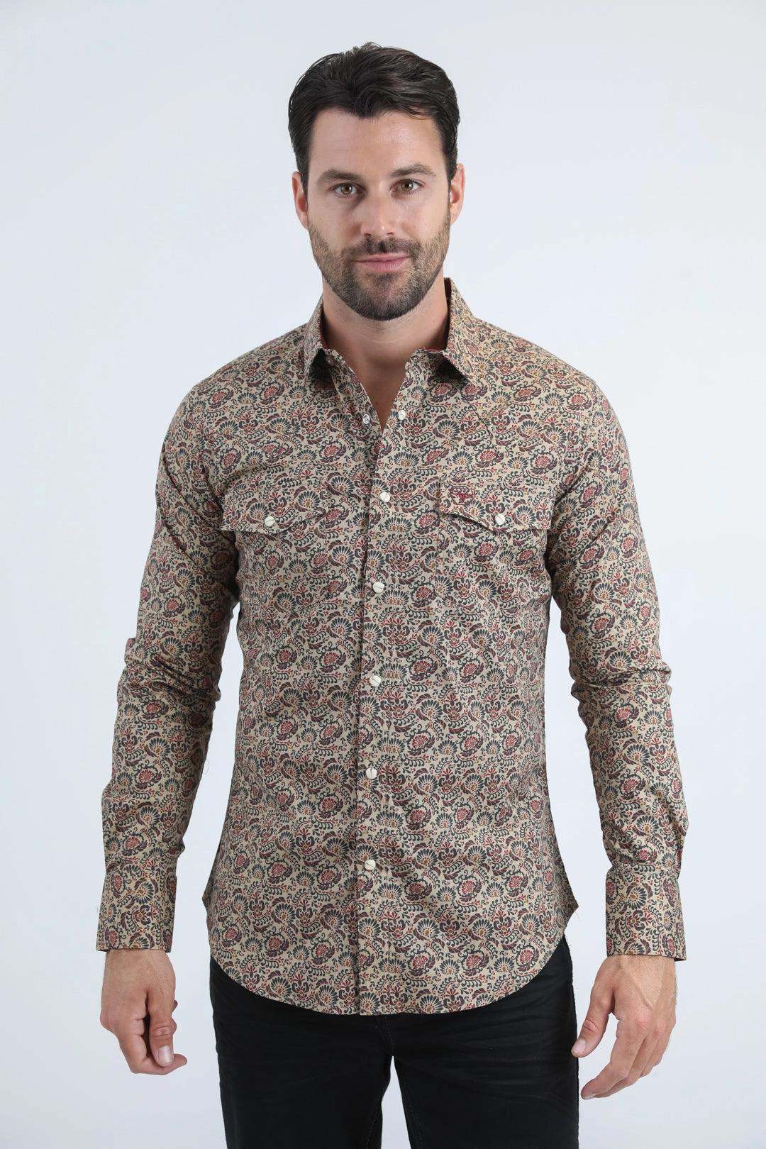 Checkered Print Timeless Appeal Mens Western Modern Fit Cotton/Spandex Long Sleeve Khaki Shirt with Snaps