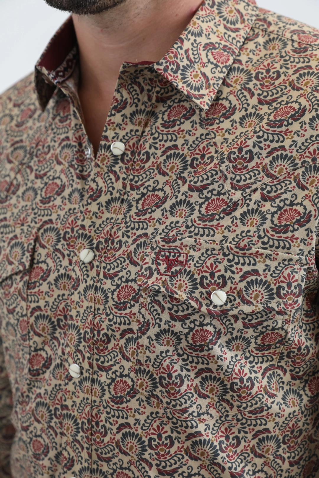 Mens Western Modern Fit Cotton/Spandex Long Sleeve Khaki Shirt with Snaps Inner Layer