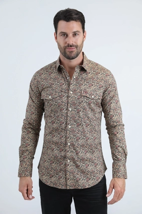 Checkered Print Timeless Appeal Mens Western Modern Fit Cotton/Spandex Long Sleeve Khaki Shirt with Snaps