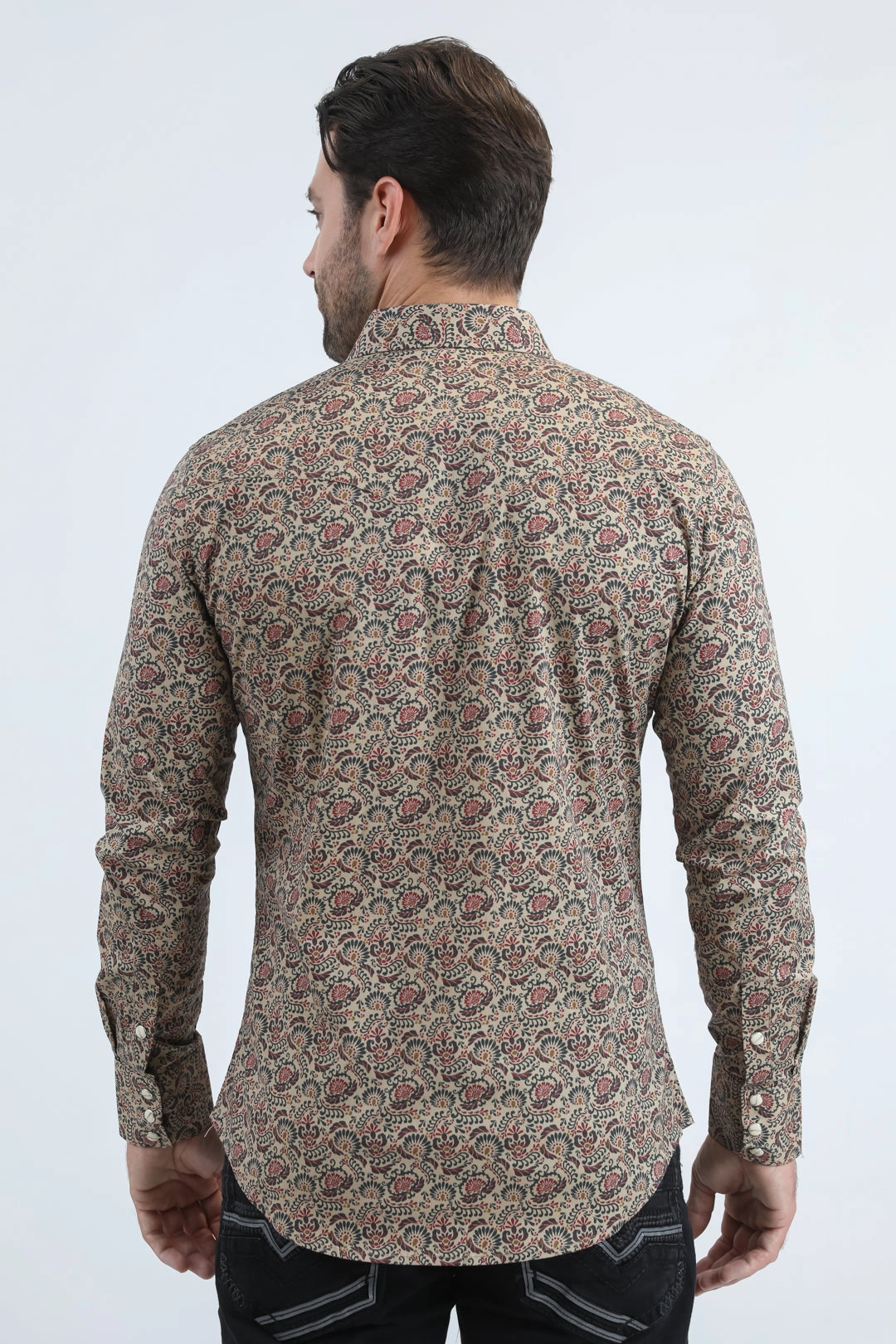 Mens Western Modern Fit Cotton/Spandex Long Sleeve Khaki Shirt with Snaps Brunch Outfit