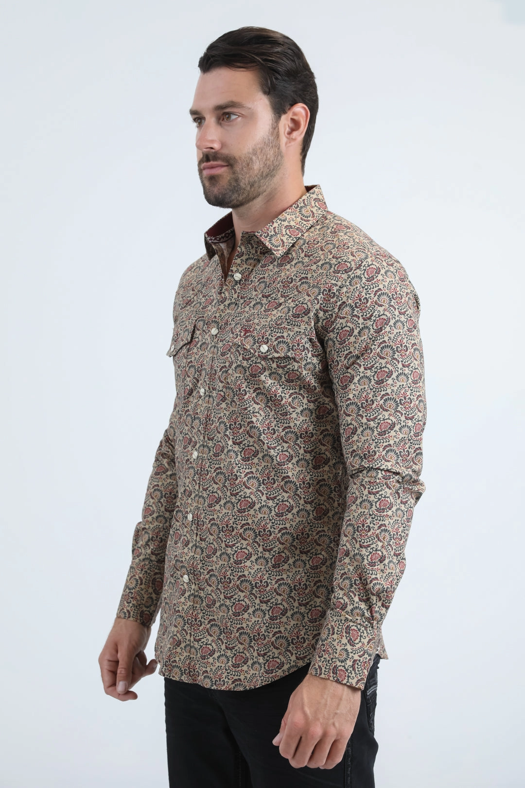 Lightweight Weave Mens Western Modern Fit Cotton/Spandex Long Sleeve Khaki Shirt with Snaps