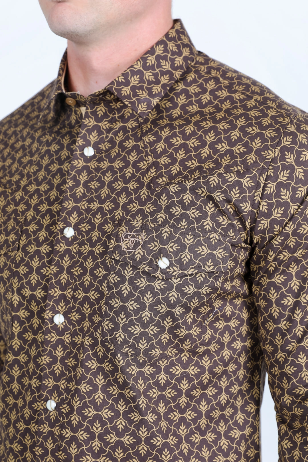 Moisture Wicking Material Soft Collar Design Mens Western Modern Fit Cotton/Spandex Long Sleeve Shirt with Snaps - Brown