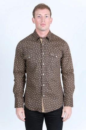 Mens Western Modern Fit Cotton/Spandex Long Sleeve Shirt with Snaps - Brown Sleek Style