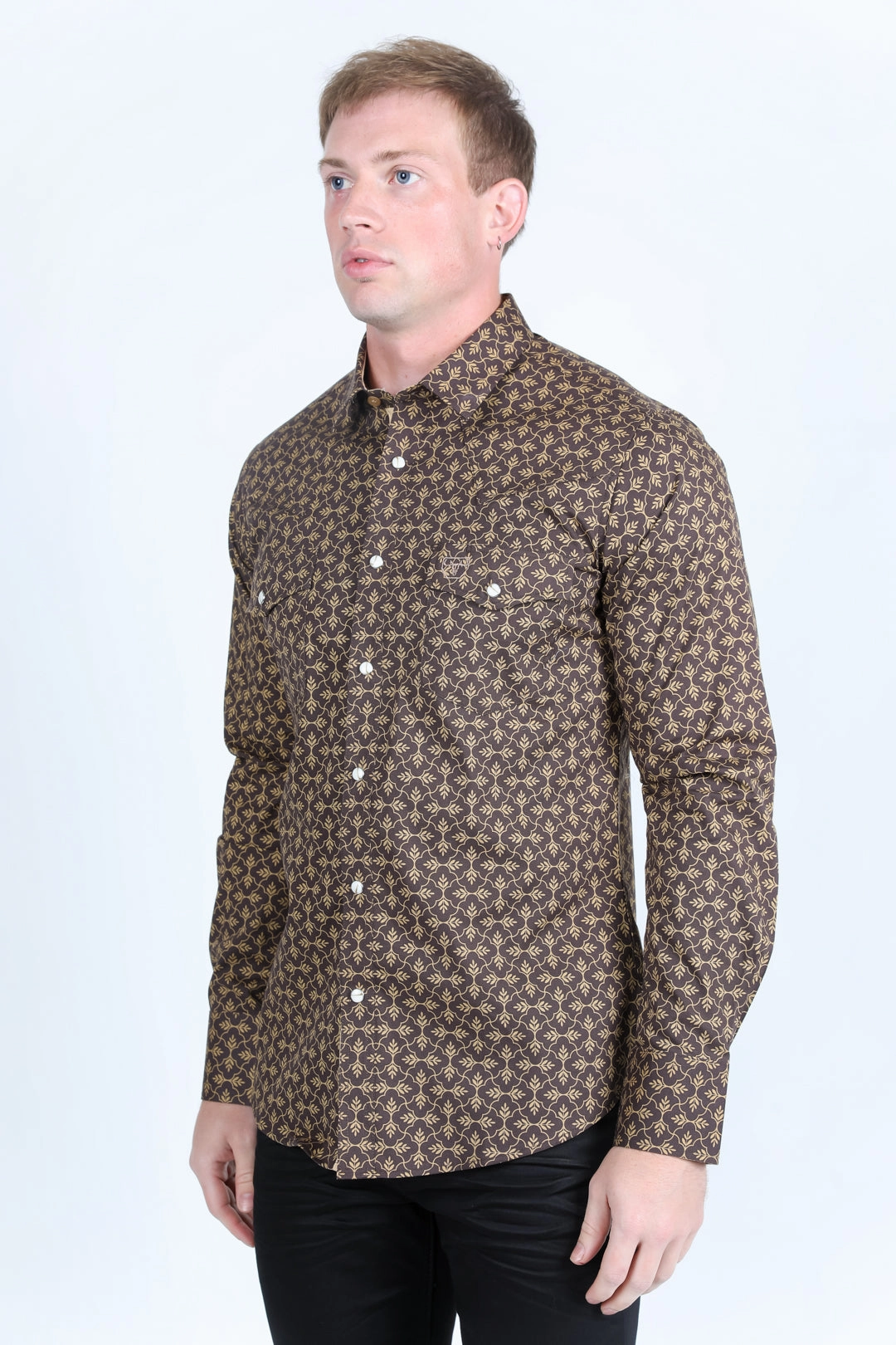 Artistic Design Mens Western Modern Fit Cotton/Spandex Long Sleeve Shirt with Snaps - Brown