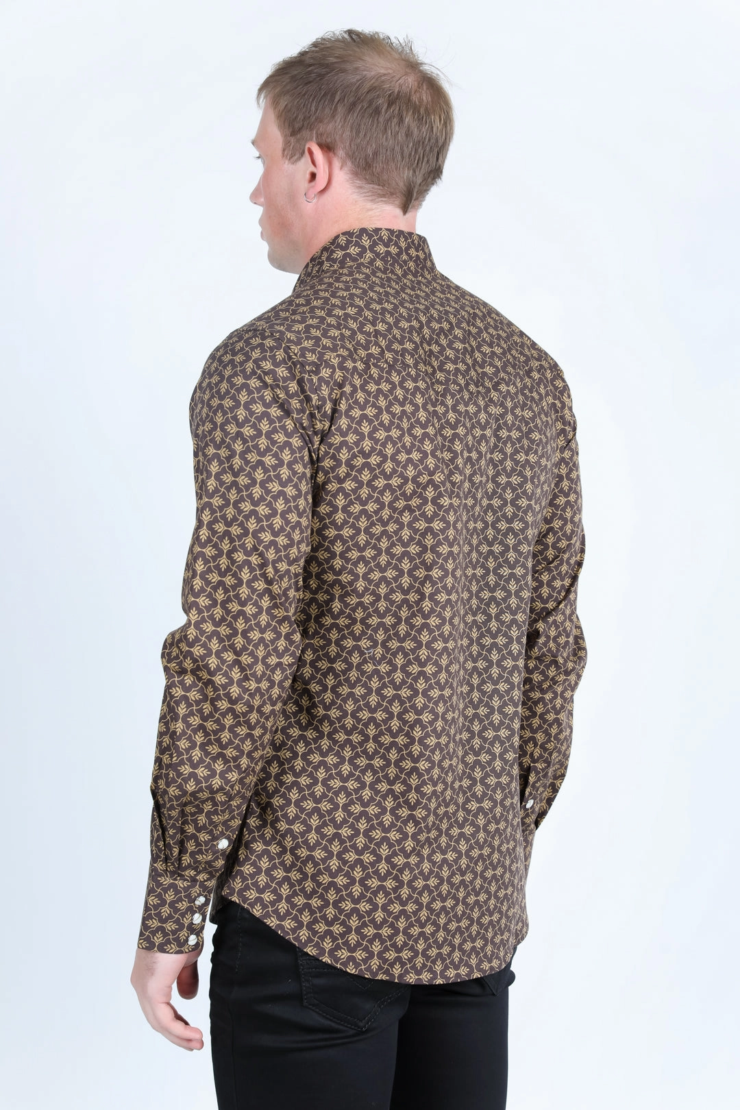 Layered Collar Mens Western Modern Fit Cotton/Spandex Long Sleeve Shirt with Snaps - Brown