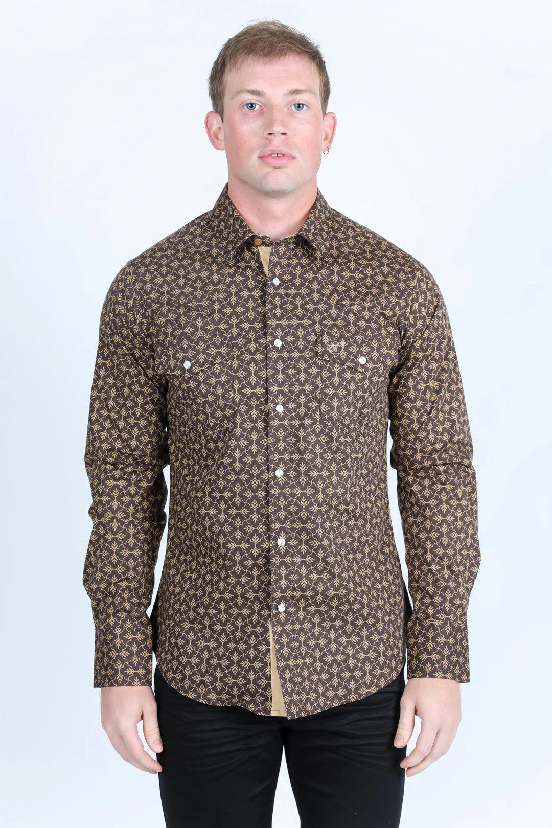 Mens Western Modern Fit Cotton/Spandex Long Sleeve Shirt with Snaps - Brown Sleek Style