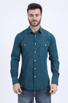 Mens Western Modern Fit Cotton/Spandex Long Sleeve Teal Shirt with Snaps Travel-friendly Indoor Comfort