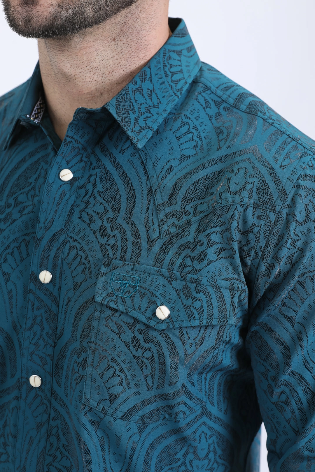 Tailored Cuffs Mens Western Modern Fit Cotton/Spandex Long Sleeve Teal Shirt with Snaps