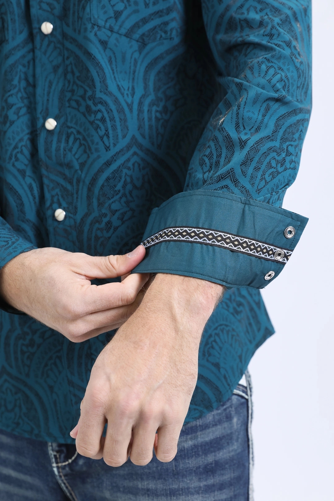 Long Sleeve Mens Western Modern Fit Cotton/Spandex Long Sleeve Teal Shirt with Snaps