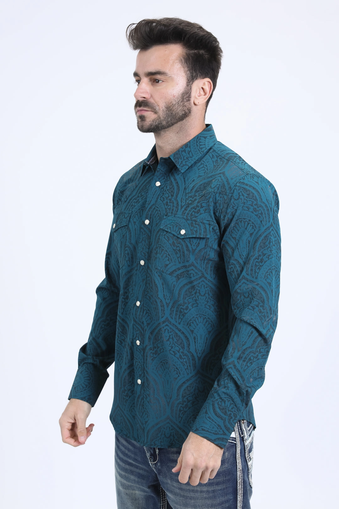 Mens Western Modern Fit Cotton/Spandex Long Sleeve Teal Shirt with Snaps Seasonal Collection Loose Comfort
