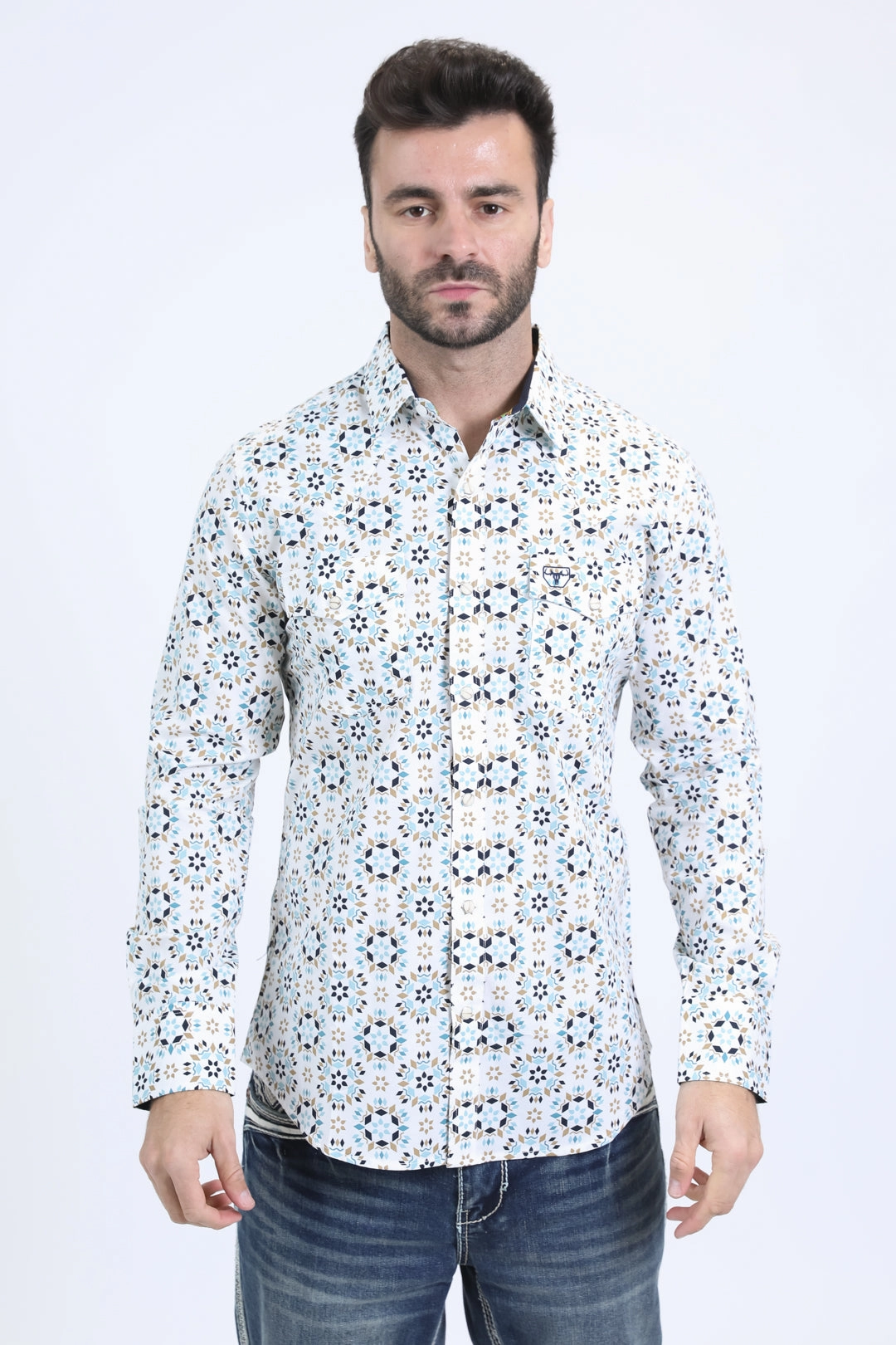 Mens Western Modern Fit Cotton/Spandex Long Sleeve White Shirt with Snaps Weekend Outing