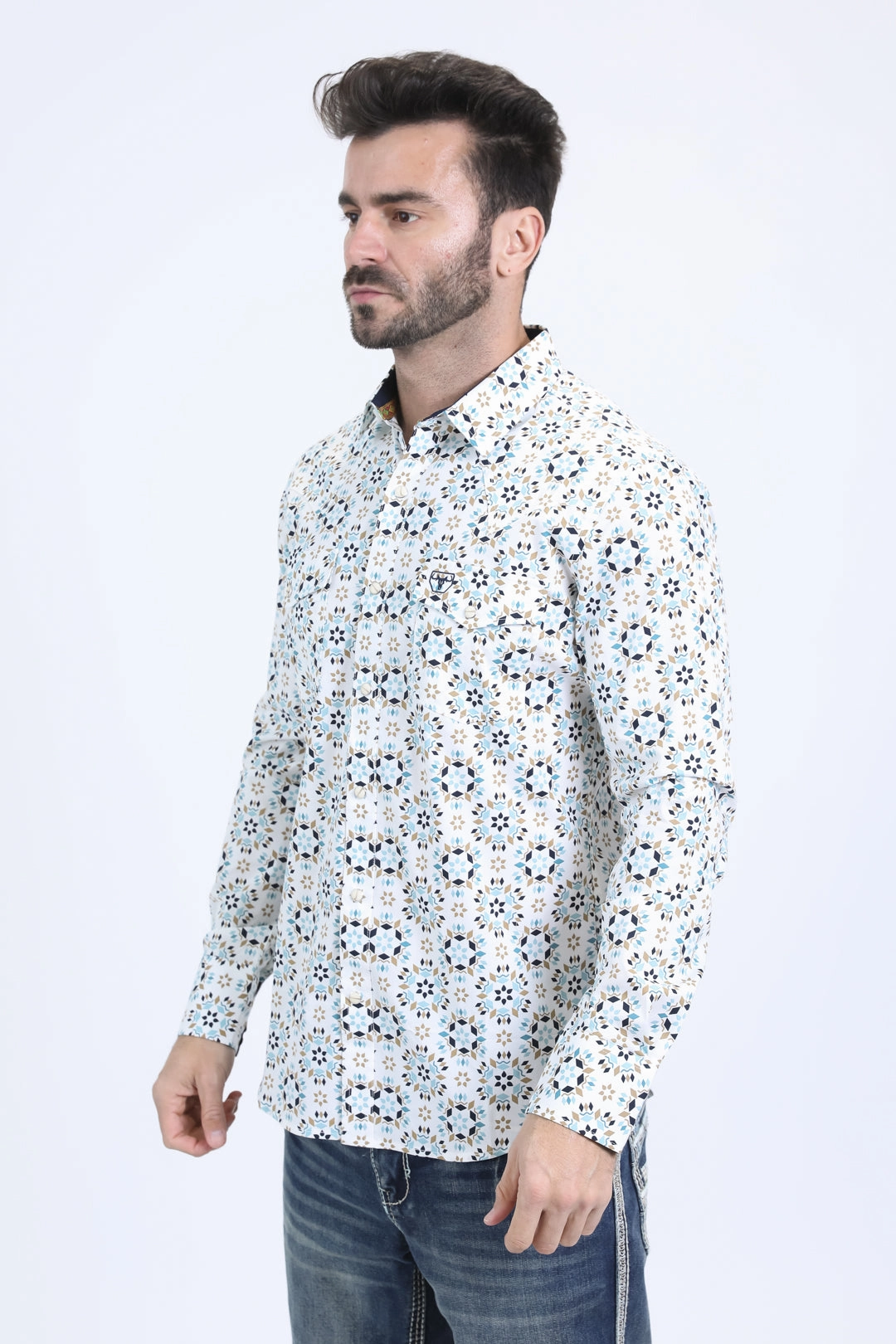 Durable Quality BBQ Party Mens Western Modern Fit Cotton/Spandex Long Sleeve White Shirt with Snaps