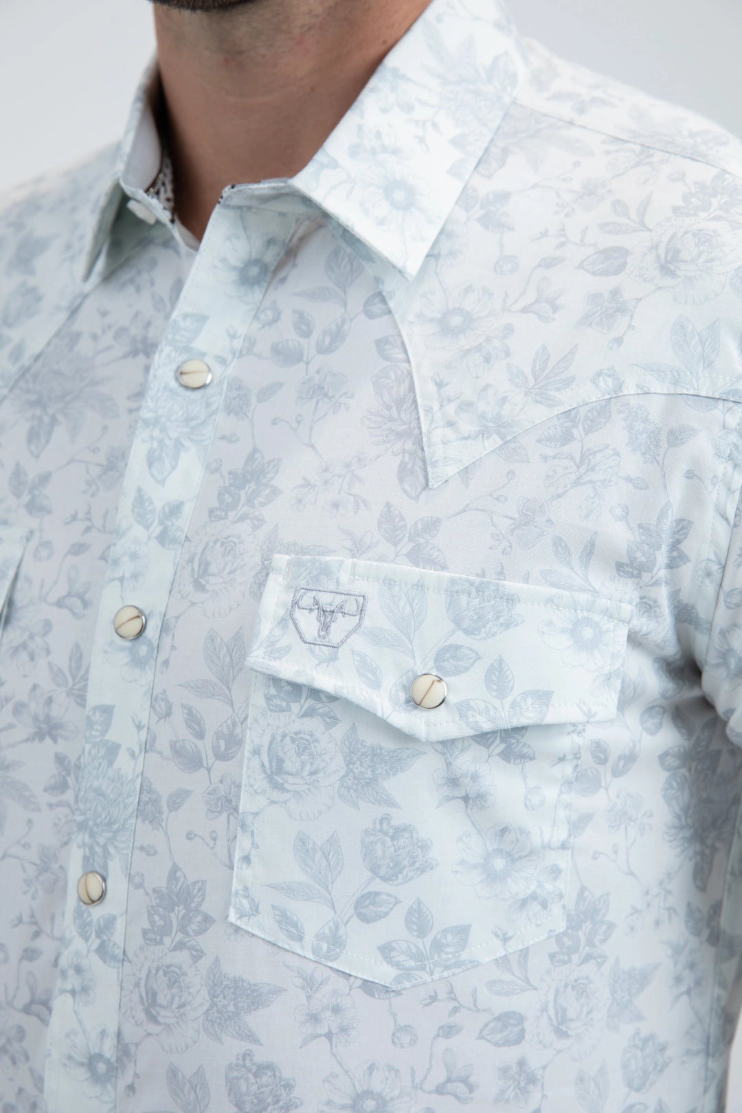 Outdoor Adventure Printed Pattern Mens Western Modern Fit Cotton/Spandex Long Sleeve White Shirt with Snaps