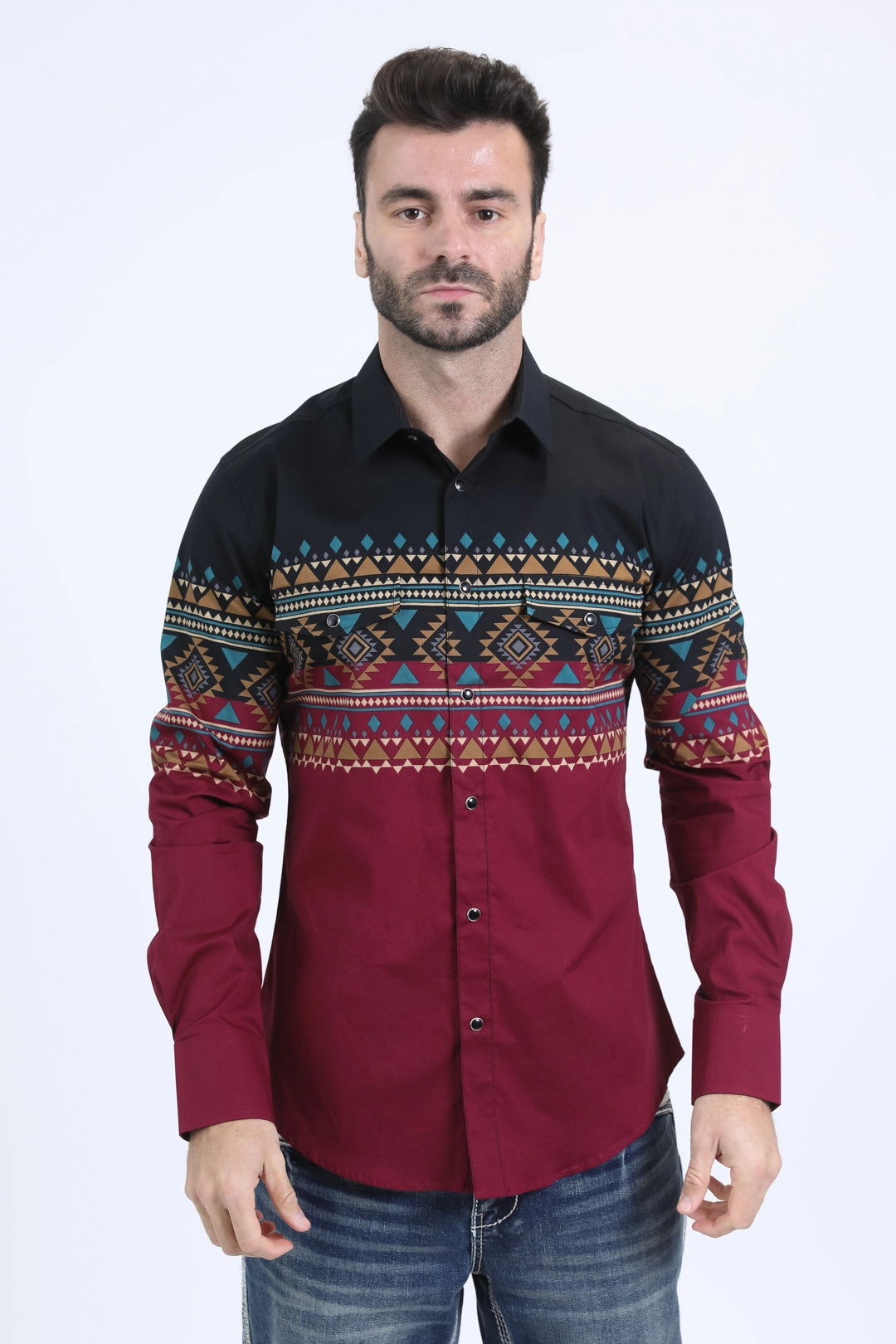 Mens Western Modern Fit Cotton/Spandex Long Sleeve Wine Shirt with Snaps Embellished Neckline Flexible Knit