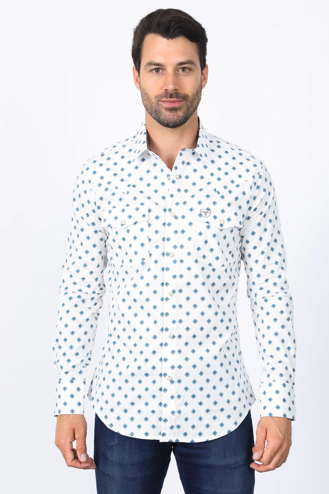 Non Static Finish Minimalist Aesthetic Mens Western Modern Fit White Long Sleeve Shirt with Snaps