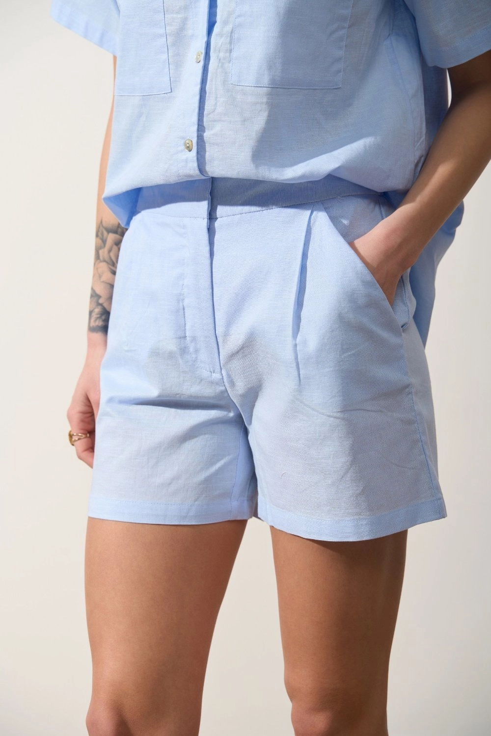 Blue Linen Blend Shorts Soft touch finish