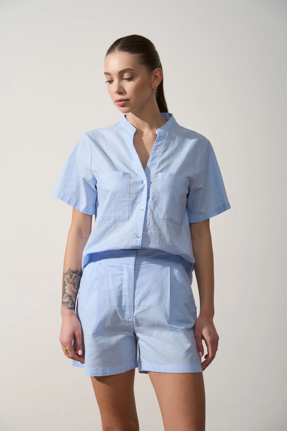 Blue Linen Blend Shorts Flexible Mobility