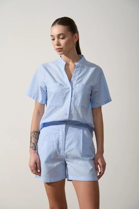 Blue Linen Blend Shorts Flexible Mobility