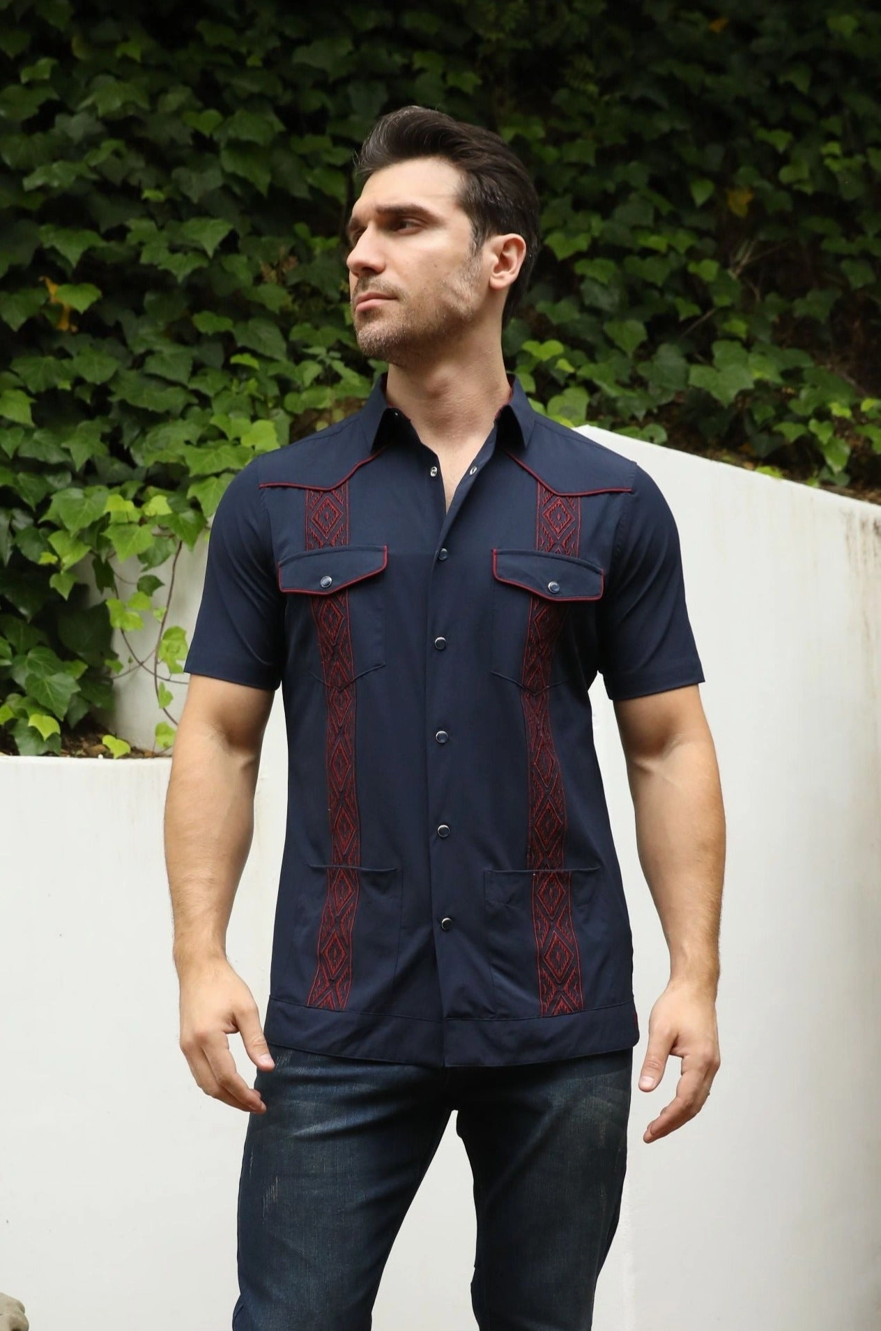 Classy Detail Versatile Layering Men's Modern Navy GUAYABERA Shirt