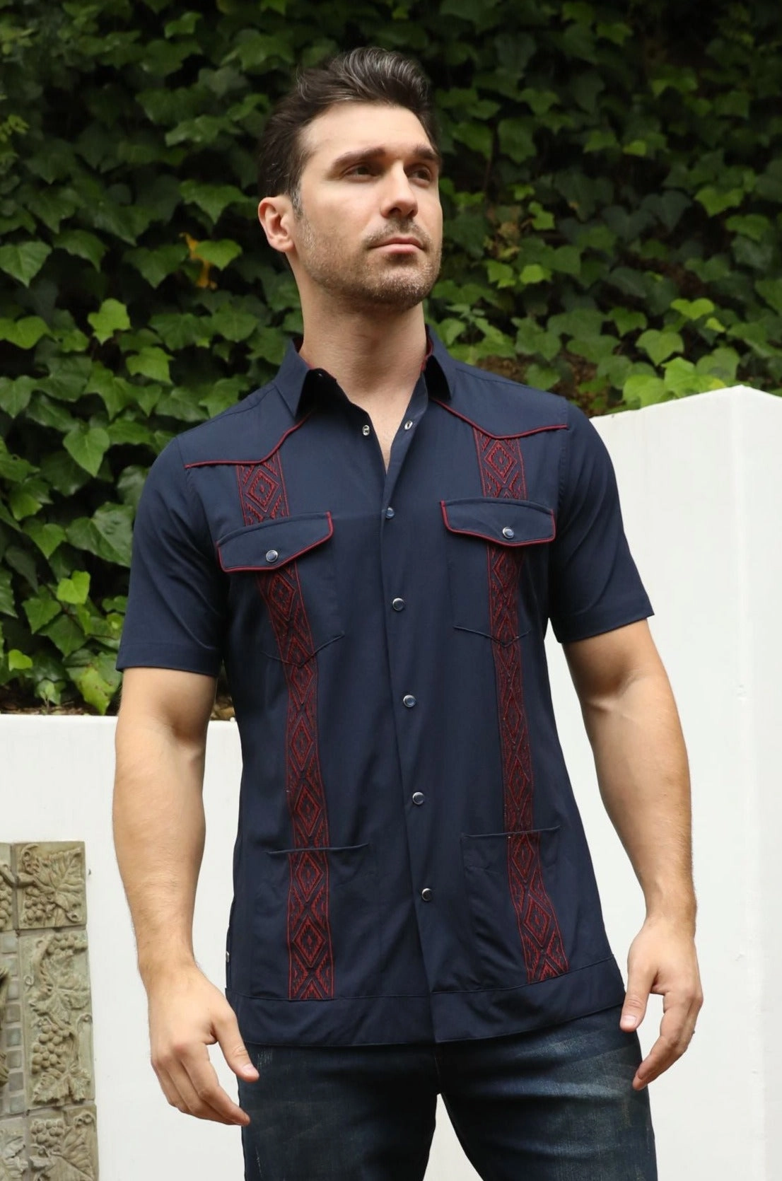 Round Collar Men's Modern Navy GUAYABERA Shirt