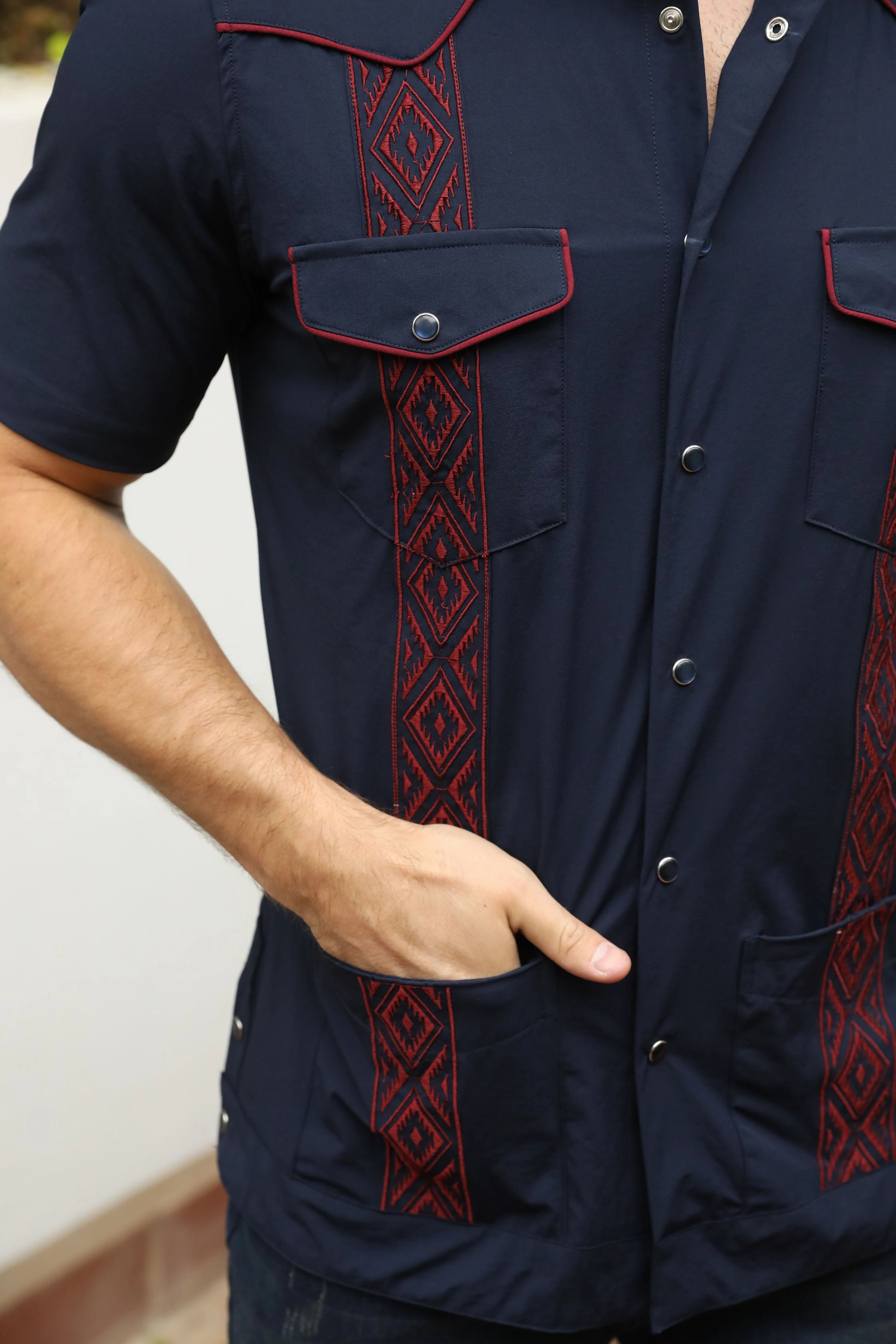Men's Modern Navy GUAYABERA Shirt Festive Look Sustainable Weave