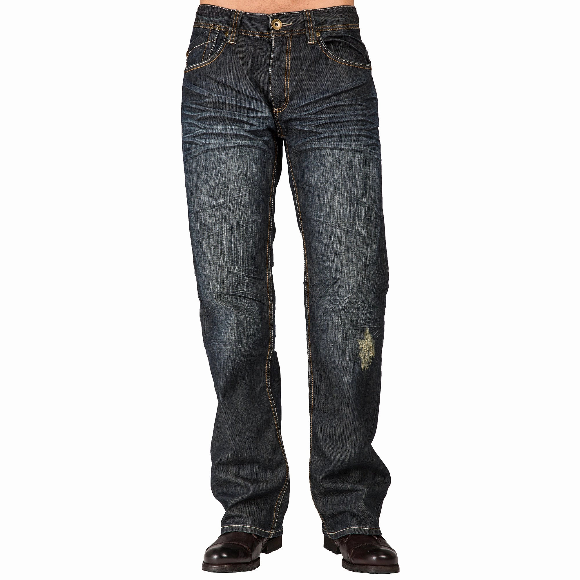 Midrise Relaxed Bootcut Vintage Dark Hand Rub Premium Denim 5 Pocket Jeans Whiskering SeamlessPockets