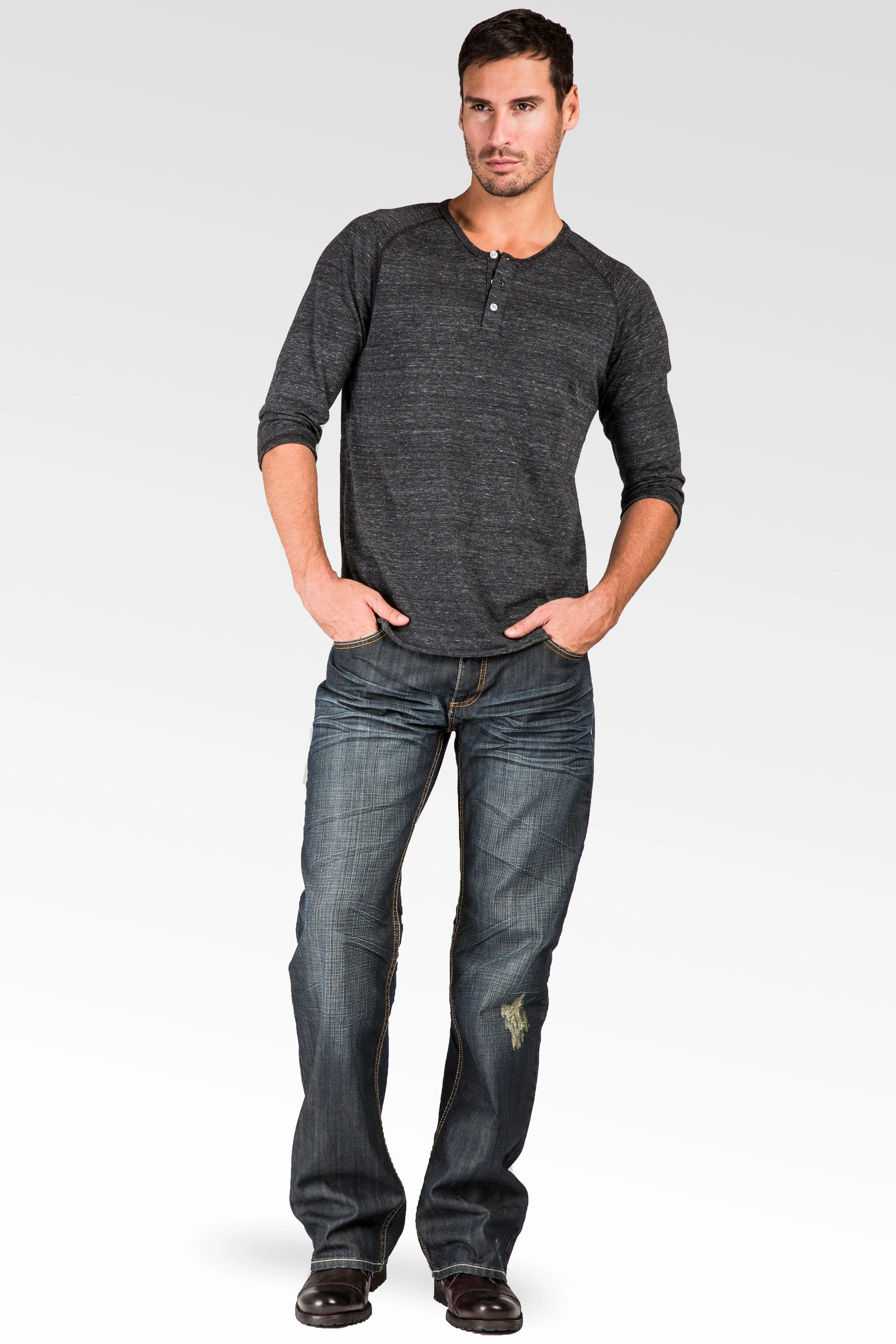 Midrise Relaxed Bootcut Vintage Dark Hand Rub Premium Denim 5 Pocket Jeans Whiskering Warm Gloves