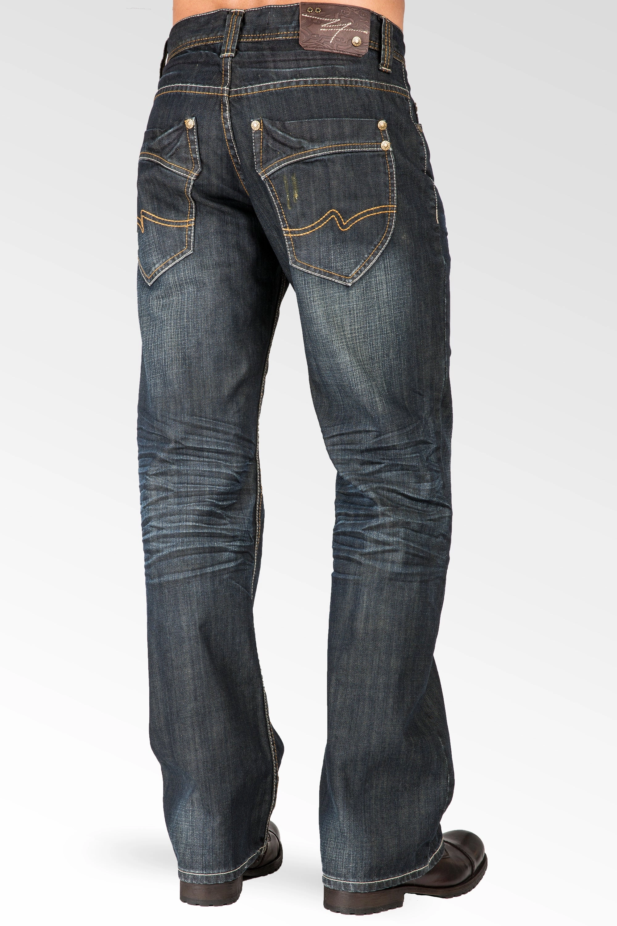 Zen Ease Midrise Relaxed Bootcut Vintage Dark Hand Rub Premium Denim 5 Pocket Jeans Whiskering