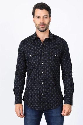 Embellished Neckline Adjustable Cuffs Mens Western Modern Fit Black Long Sleeve Shirt with Snaps