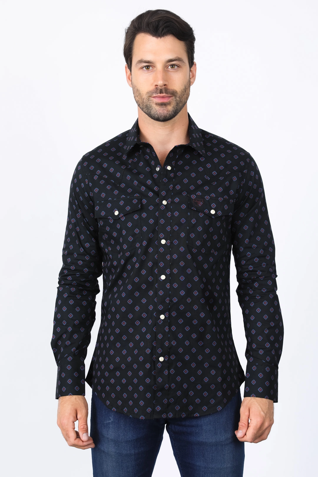 Embellished Neckline Adjustable Cuffs Mens Western Modern Fit Black Long Sleeve Shirt with Snaps