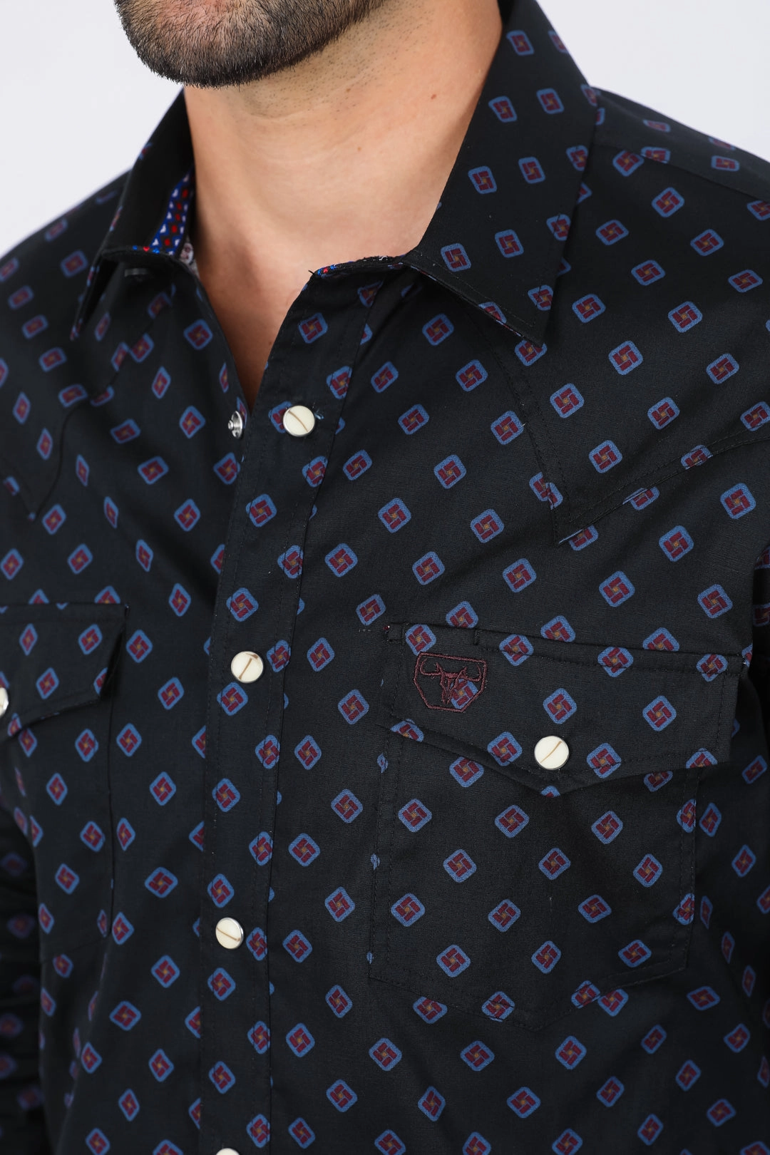 Mens Western Modern Fit Black Long Sleeve Shirt with Snaps Neutral Tones Anti Static Treatment