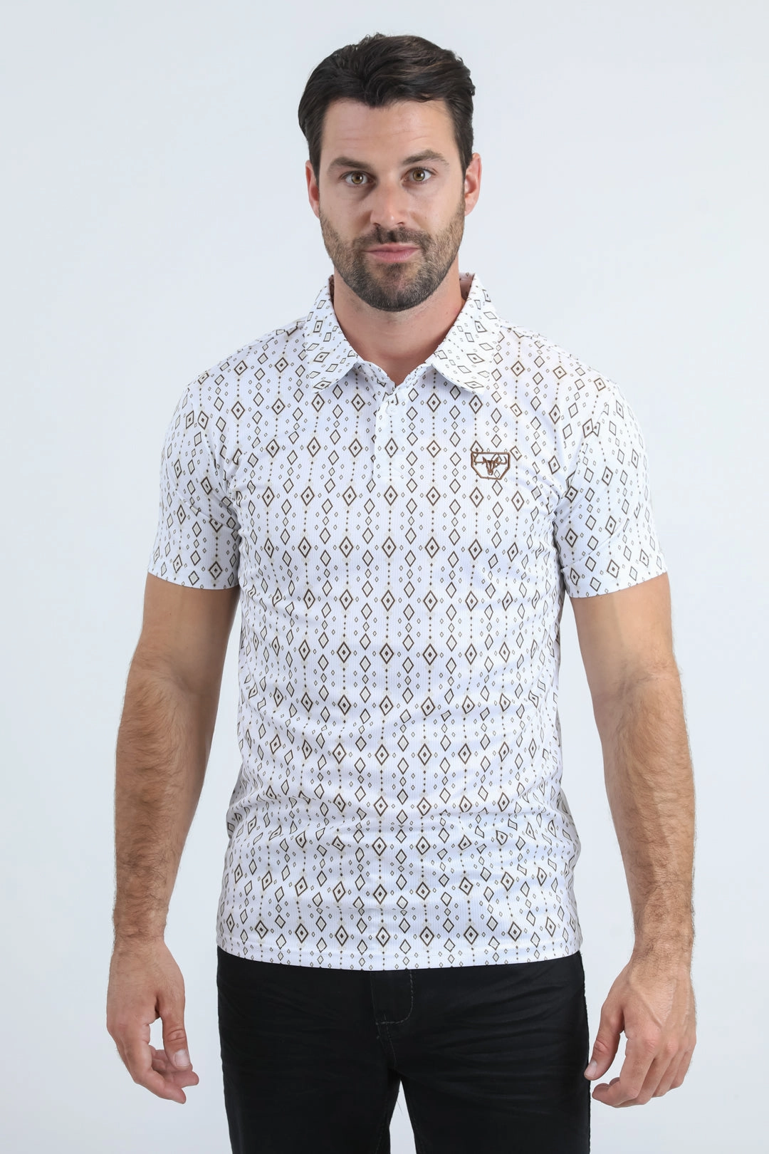 Relaxed Vibe Brushed Interior Mens Performance Fabric Modern Fit Stretch Aztec Print White Polo