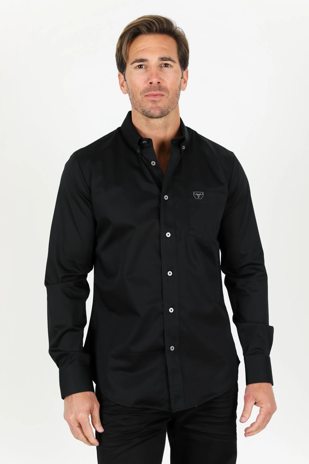 Men??s Single Pocket Logo Modern Fit Stretch Dress Shirt - Black Loose style Active Design