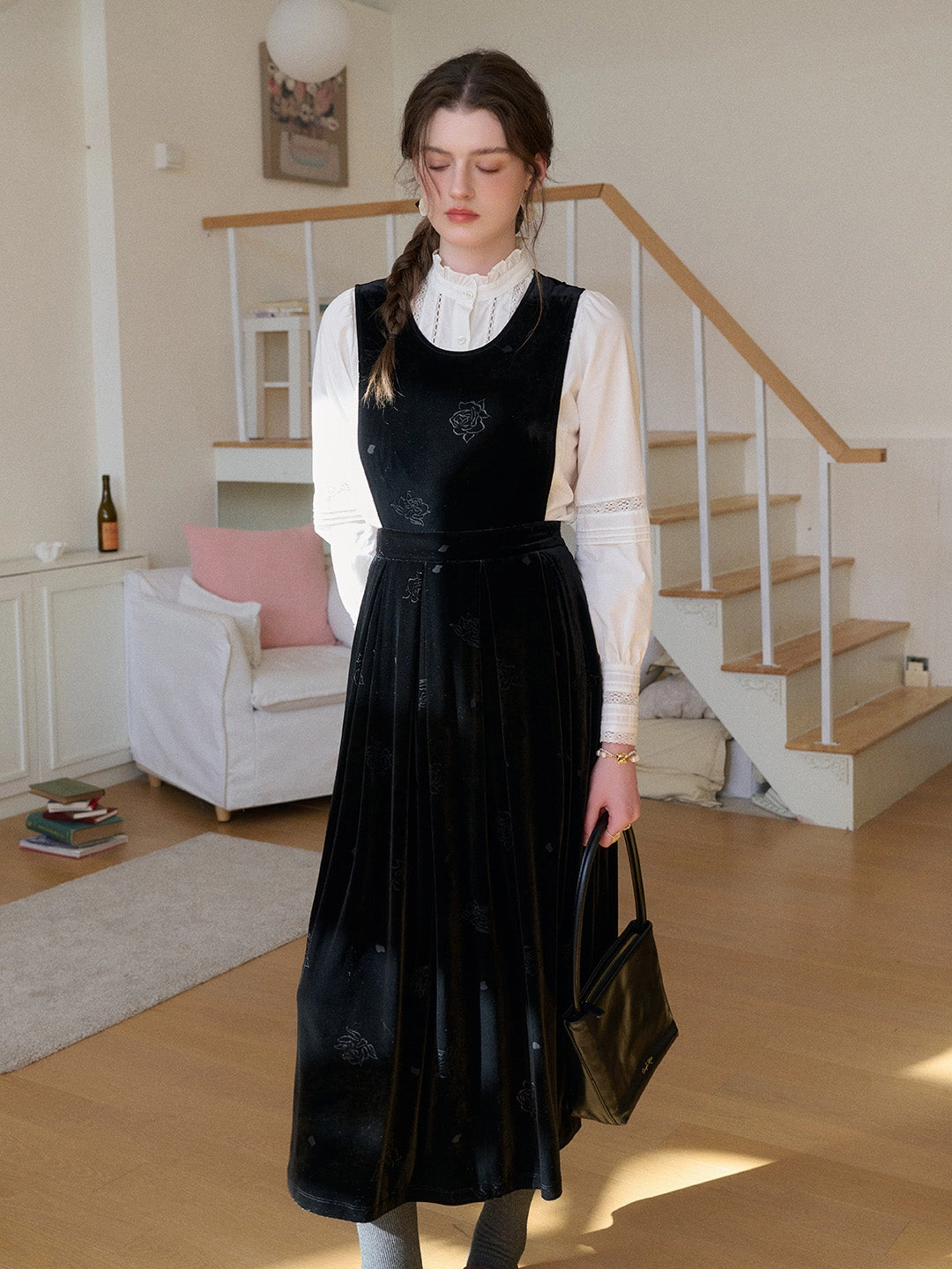 Jazlyn Round Neck Velvet Sleeveless Dress Versatile Fashion FlatlockStitching