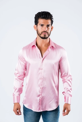 Essential Piece Anti Static Lining Men's Satin Pink Dress Shirt