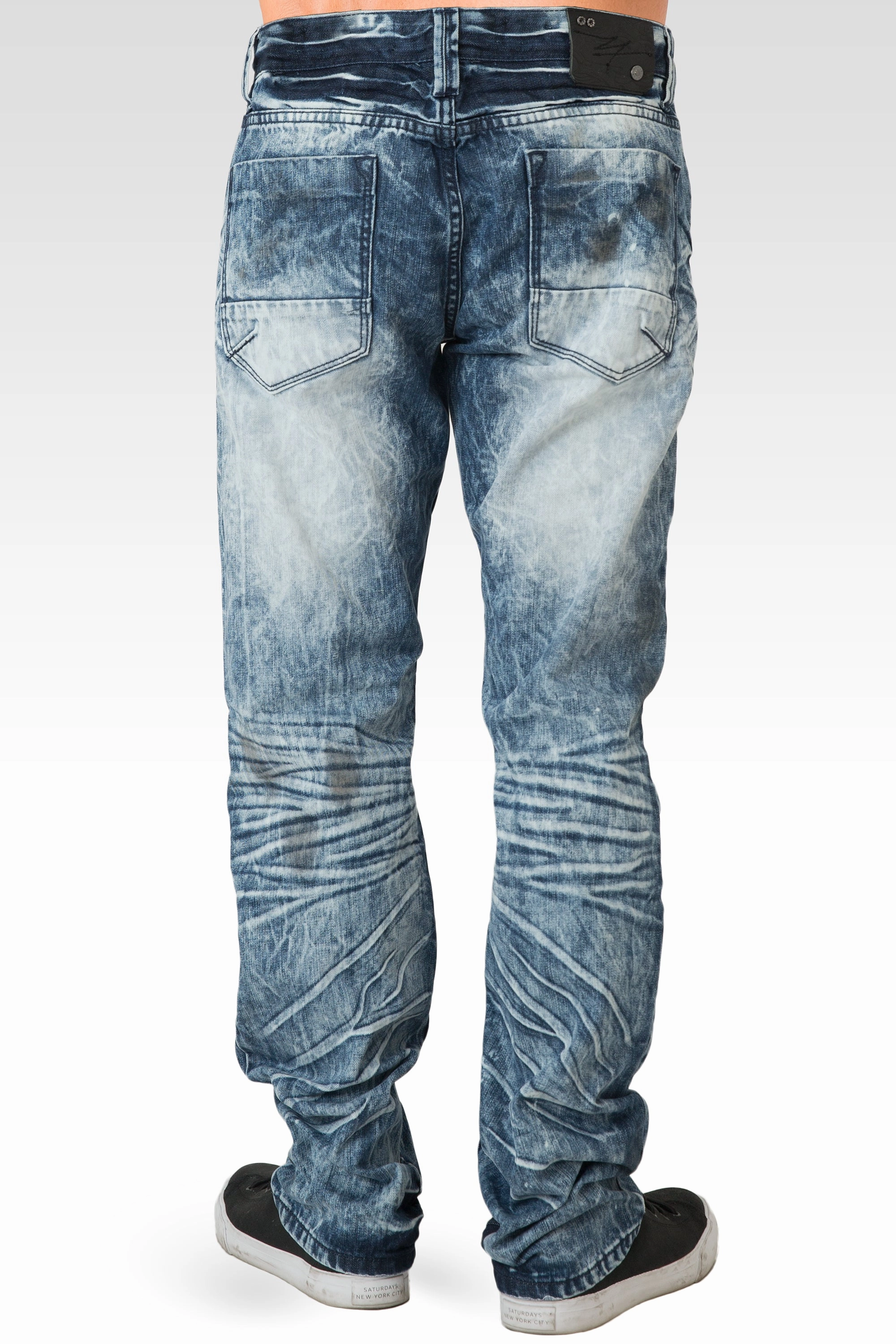 Mens Acid Washed Light Blue Oil Stain Premium Denim Jeans LowProfile Fasteners
