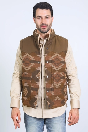 Mens Ethnic Aztec Quilted Fur Lined Brown Vest Easy Care Finish Essential Fit