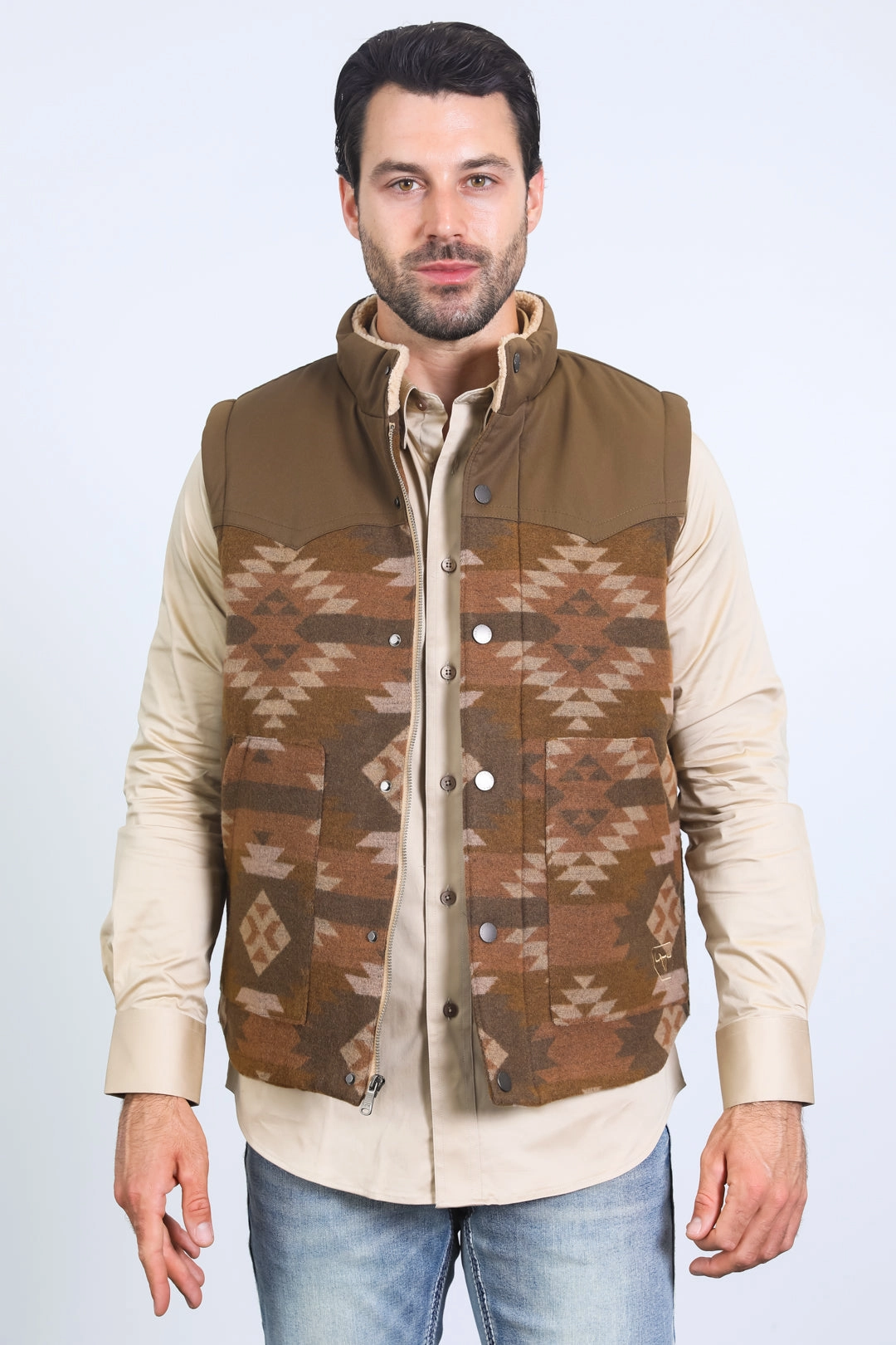 Mens Ethnic Aztec Quilted Fur Lined Brown Vest Easy Care Finish Essential Fit
