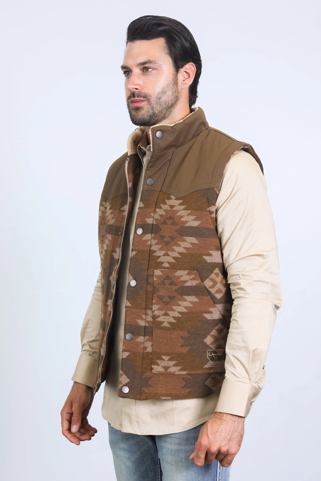 Light Pack Option Mens Ethnic Aztec Quilted Fur Lined Brown Vest
