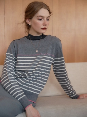 DoubleLayerReinforcement fresh start ??Final Sale??Nori Vintage Striped Contrast Crewneck Knit Top-Grey