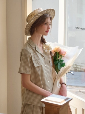 Monica V-Neck Lapel Plaid Cotton Blouse LayeredPanels