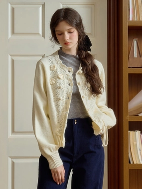 Free Fit AntiStaticMaterial Monica Wave Collar Hollow 3D Crochet Flowers & Pompom Lace-Up Sweater Cardigan