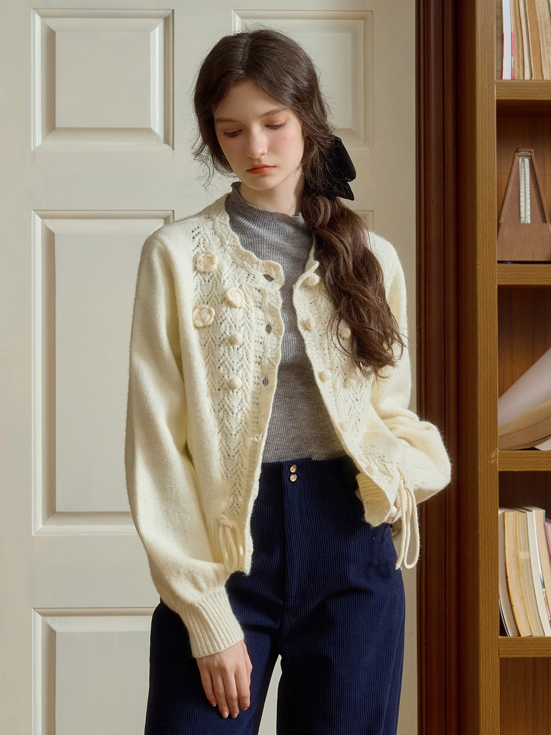 Commute Ease StaticFree Lining Monica Wave Collar Hollow 3D Crochet Flowers & Pompom Lace-Up Sweater Cardigan