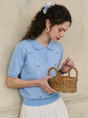 NonIrritatingSeams Soft Knit ??Final Sale??Ellianna Peter Pan Collar Embroidery Blouse