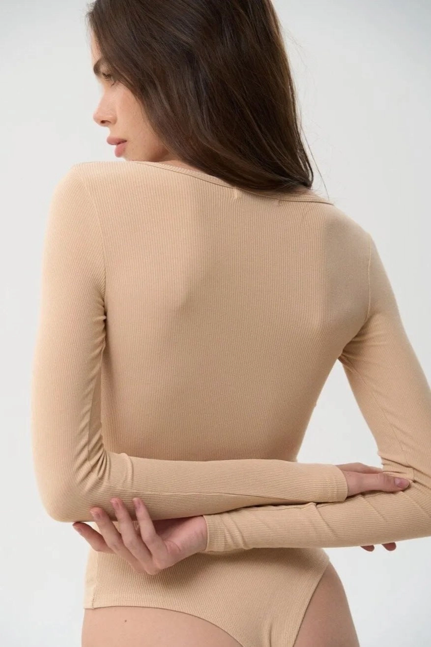 Beige Lace-Up Bodysuit Comfy Wear Fit