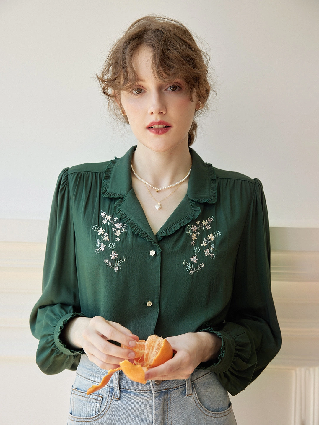 Thermal regulation ??Final Sale??Convallaria Floral Embroidered Green Puff Top