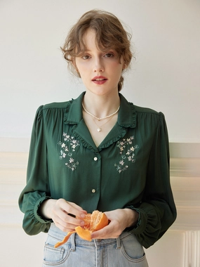 WrinkleFree Material ??Final Sale??Convallaria Floral Embroidered Green Puff Top
