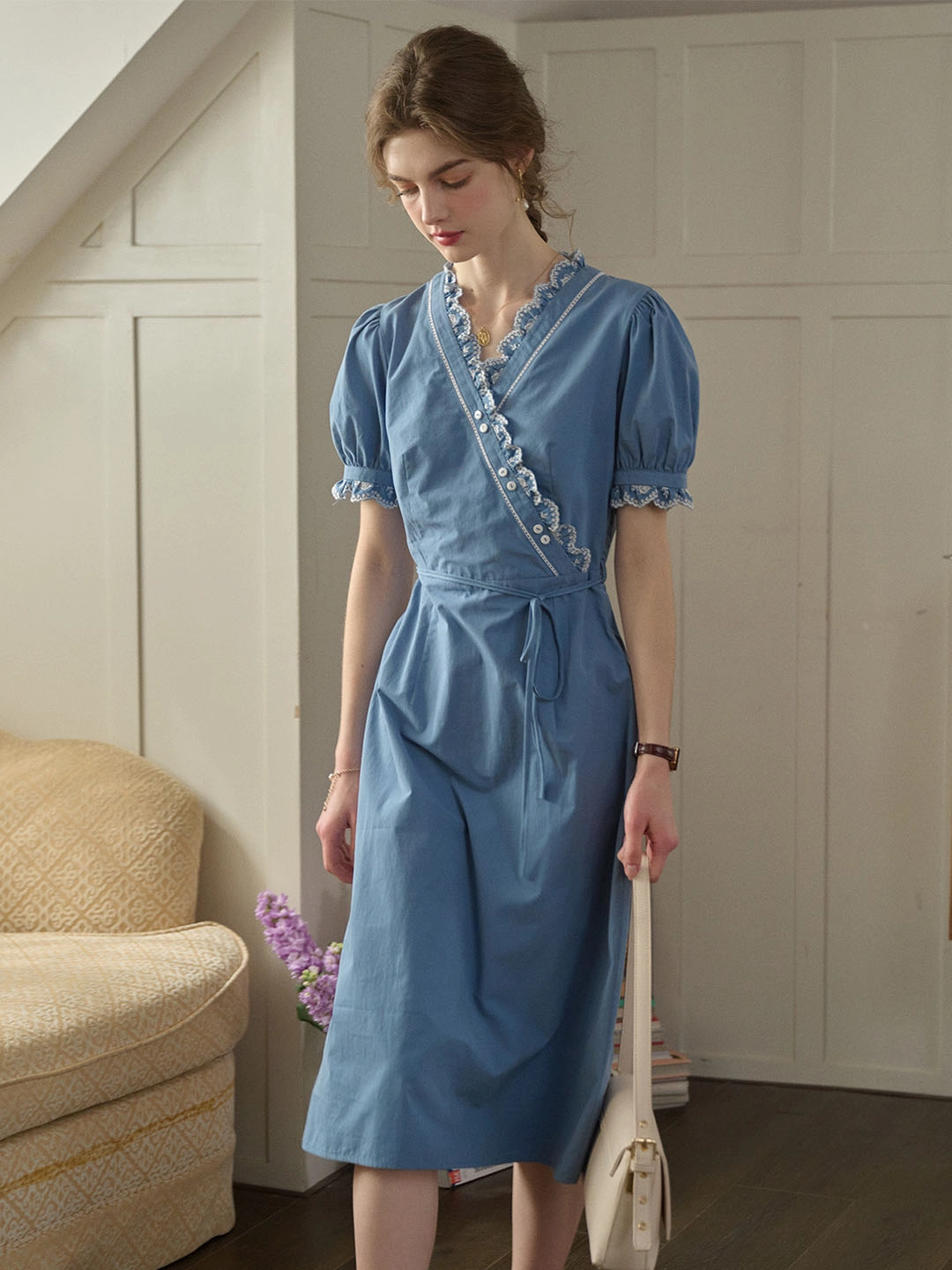 Cozy Pajama Pants Glam Night Alivia Wave Contrast Floral Embroidery V Neck Puff Sleeve Cotton Tea Dress